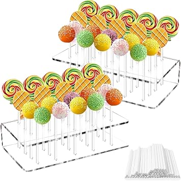 2Pcs Cake Pops Stand, Acrylic Lollipop Stand Display Holder with 100 Lollipop Sticks, 20 Hole Cake Pop Stan, Clear Lollipop Holder for Weddings, Baby Showers, Birthday, Party
