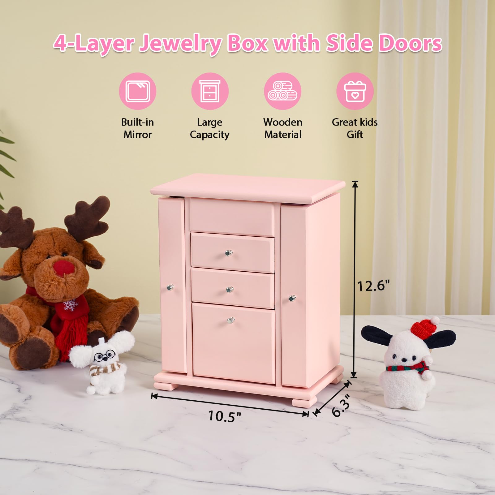 Schmuckschatulle für Mädchen, 4 Ebenen, Musik-Schmuckkästchen für Mädchen, mit Tänzerin, drehbar, große Spieluhr für Kinder, aus Holz, für Kinder, Geburtstag, Geschenk (Rosa)