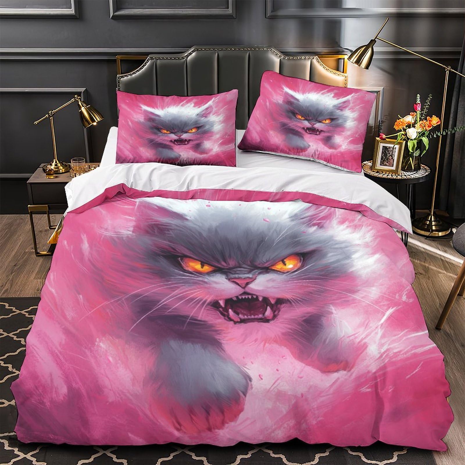 Housse de couette chat en colère 3D avec 2 taies d'oreiller microfibre double 200x200cm