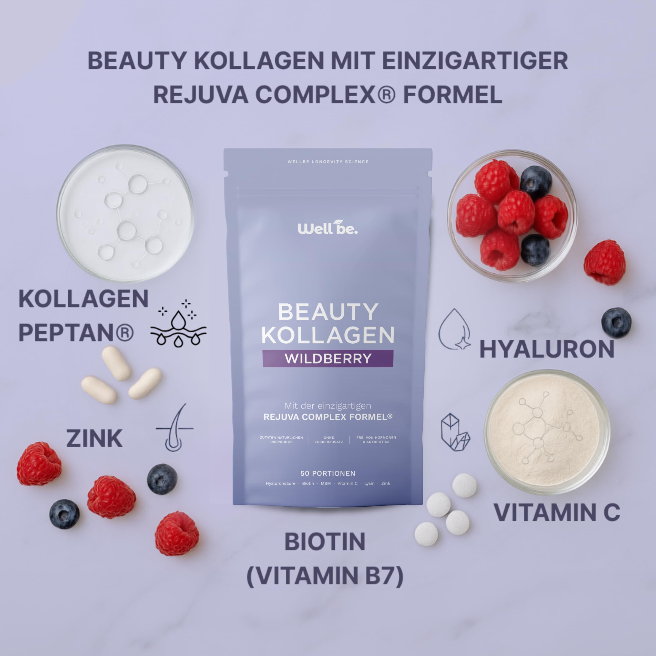 Wellbe Kollagen Pulver Wildberry - hochdosiert mit maximal bioaktivem Kollagen Hydrolysat, Biotin, Zink, Vitamin C & Hyaluron - Collagen Pulver - Kollagenpulver Peptide Made in Germany
