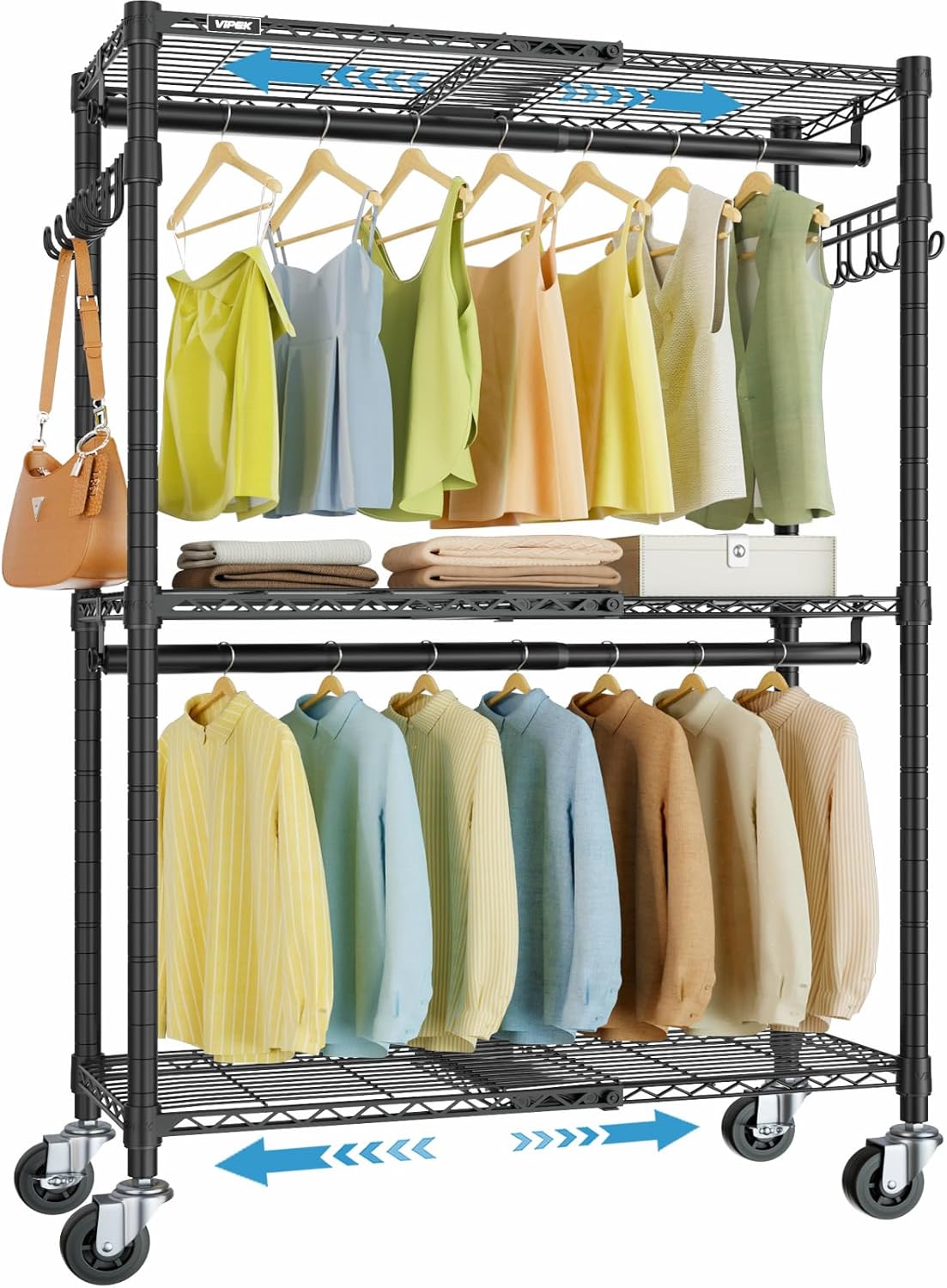 VIPEK R2X Expandable Portable Closet with Lockable Wheels, 600lbs Capacity Heavy Duty Rolling Clothes Rack w/Adjustable Shelves & Hanger Rod (2' to 3'5"), Metal Clothing Rack for Small Spaces (Black)