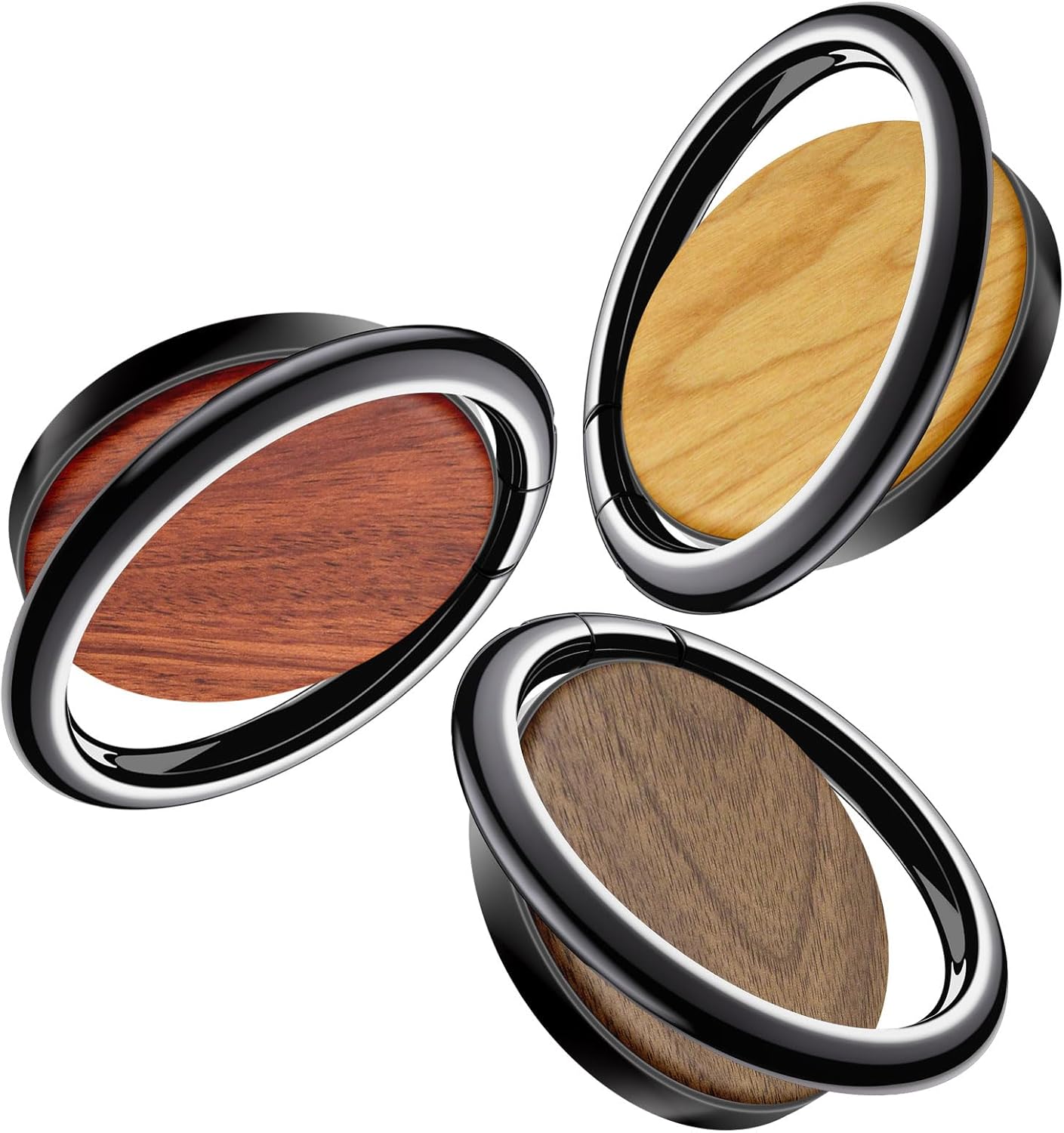 Carveit Solid Wood Design Cell Phone Ring Holder Finger Stand Metal Grip Hook Phone Kickstand Compatible with iPhone 16 Pro Max 13 14 15 S24 Ultra S23 Pixel 9-Black/Redwood+Walnut+Cherry [3 Pack]