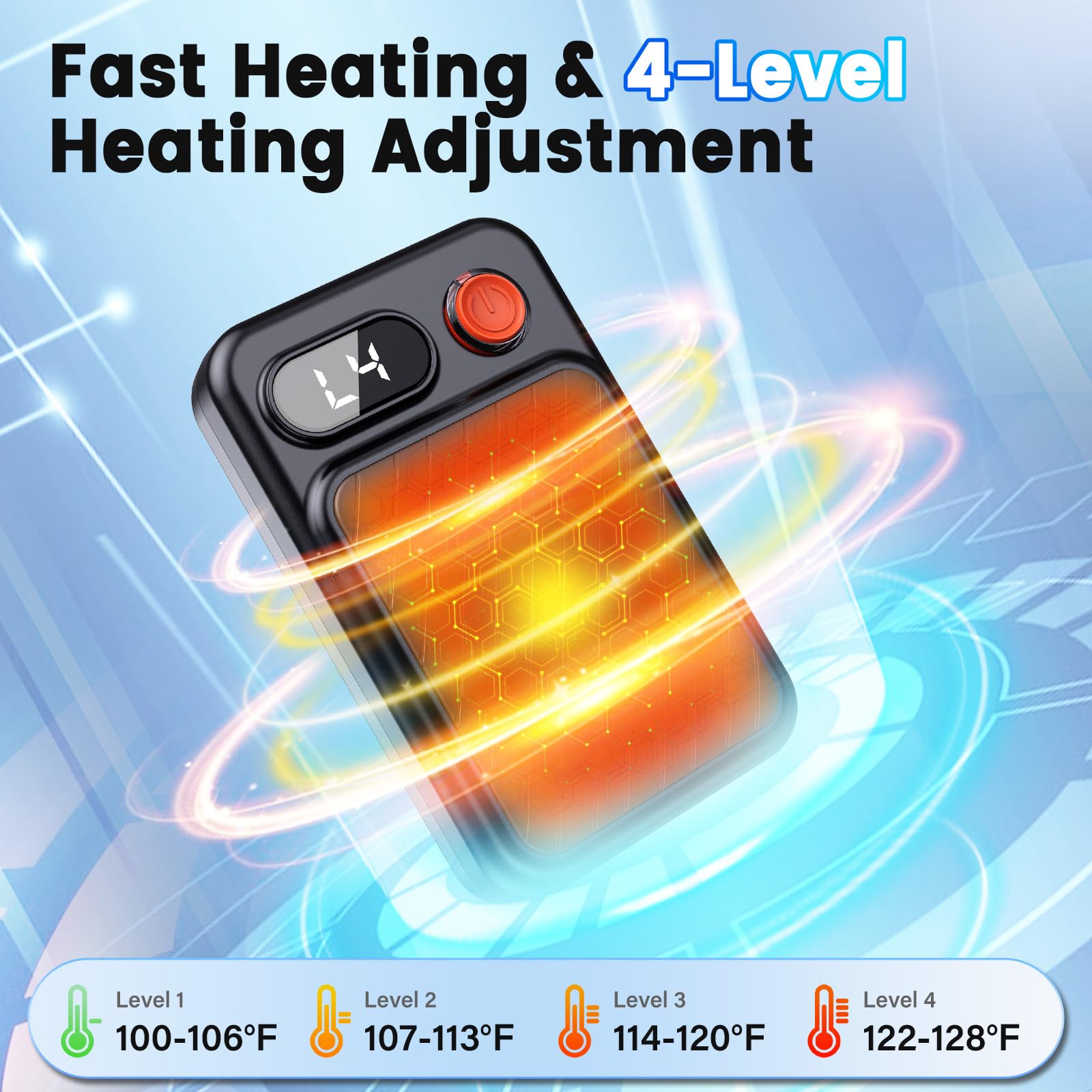 Scaldamani ricaricabili, confezione da 2 – elettrico, magnetico, display a LED, 4 livelli di calore, regalo per uomini, donne, bambini, USB-C, cordino, scaldamani, per golf, sci, campeggio, caccia