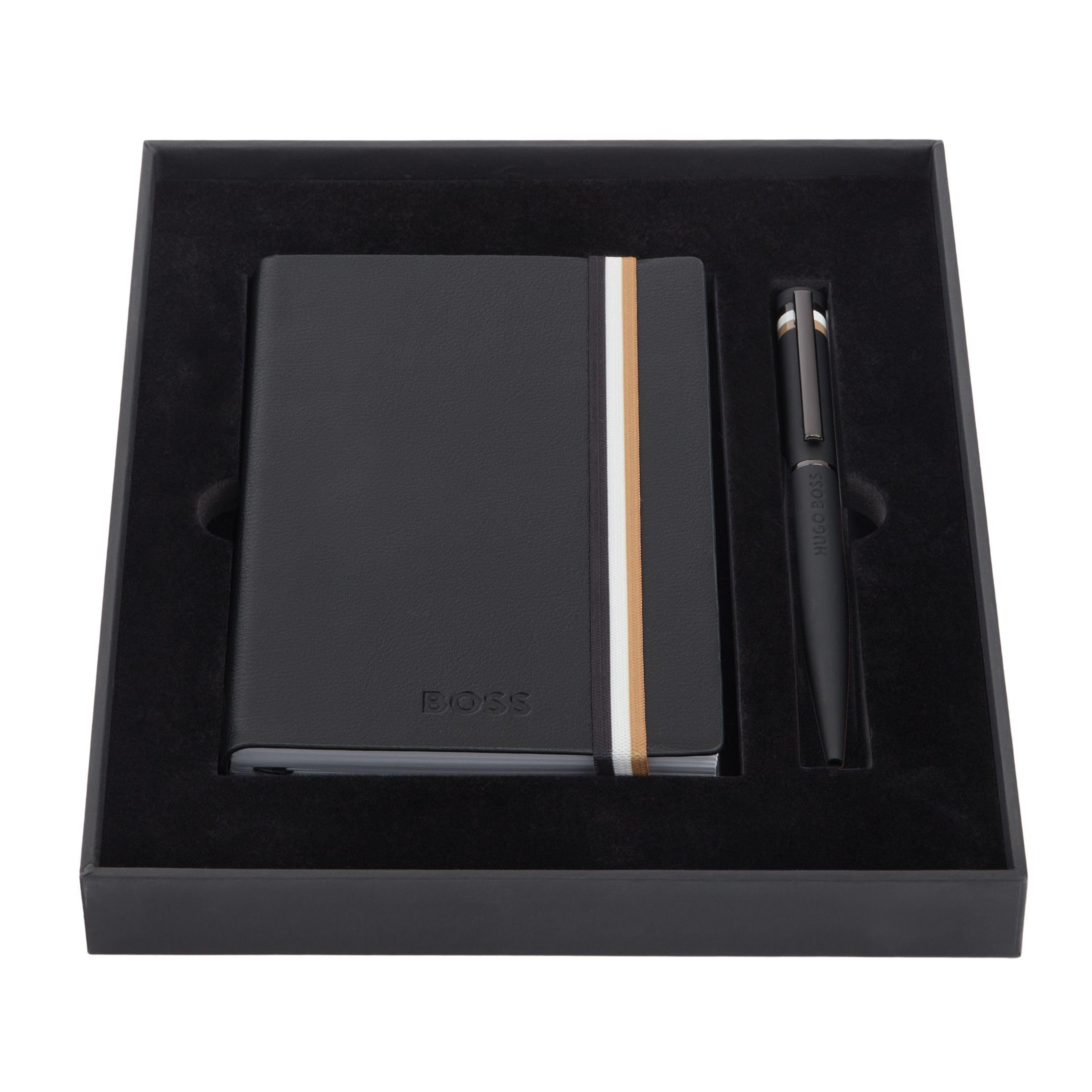 BOSS HUGO Schreibset Black – Kugelschreiber Iconic Black & A6 Notizbuch – Edles Geschenkset in Schwarz
