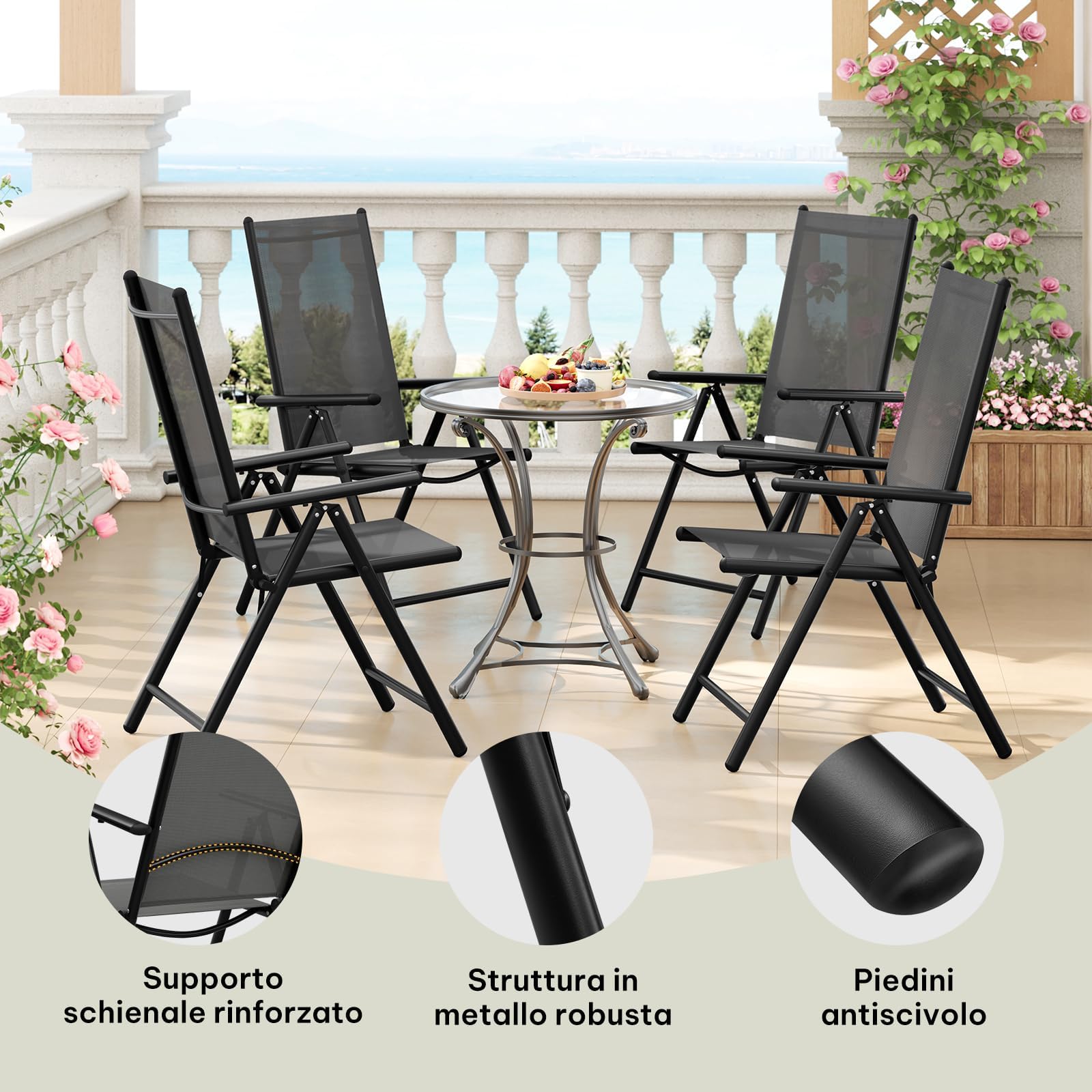 eSituro Set di 2 Sedie da Giardino Pieghevoli, Schienale Regolabile a 7 Livelli, Sedia Pieghevole in Metallo, Resistente Alle Intemperie, Portata 150 Kg, per Giardino Balcone Terrazza, Nero Grigio