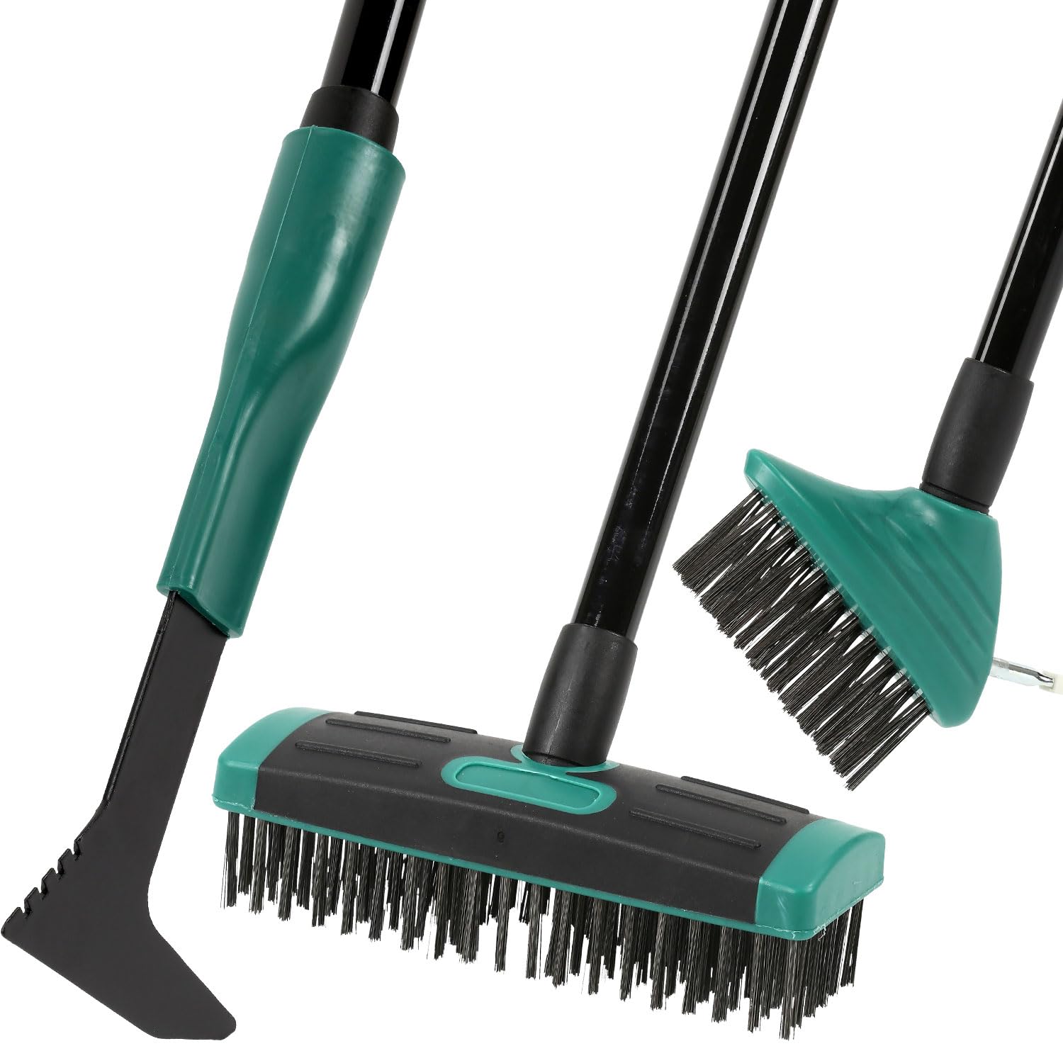 Taylor & Brown Green 4 In 1 Telescopic Weed Remover Brush Wire Head Paving Decking Clean Scrub Moss Weed Remover Tool Wire Brush Scraper Set With Metal Broom & Weed Removal Head