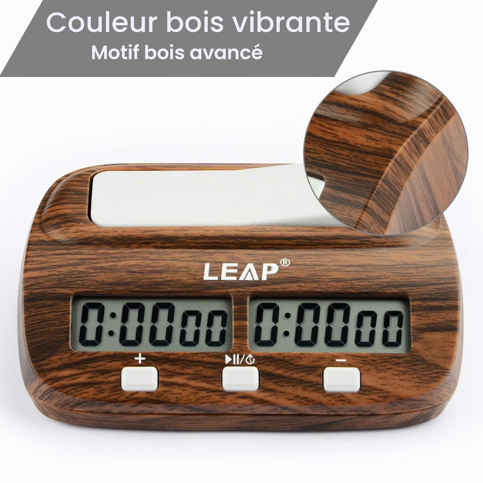 LEAP Horloge d'échecs avec fonctions de compte à rebours, d'alarme bonus et de délai pour les échecs et les jeux de société à 2 joueurs - Aspect classique en bois grainé