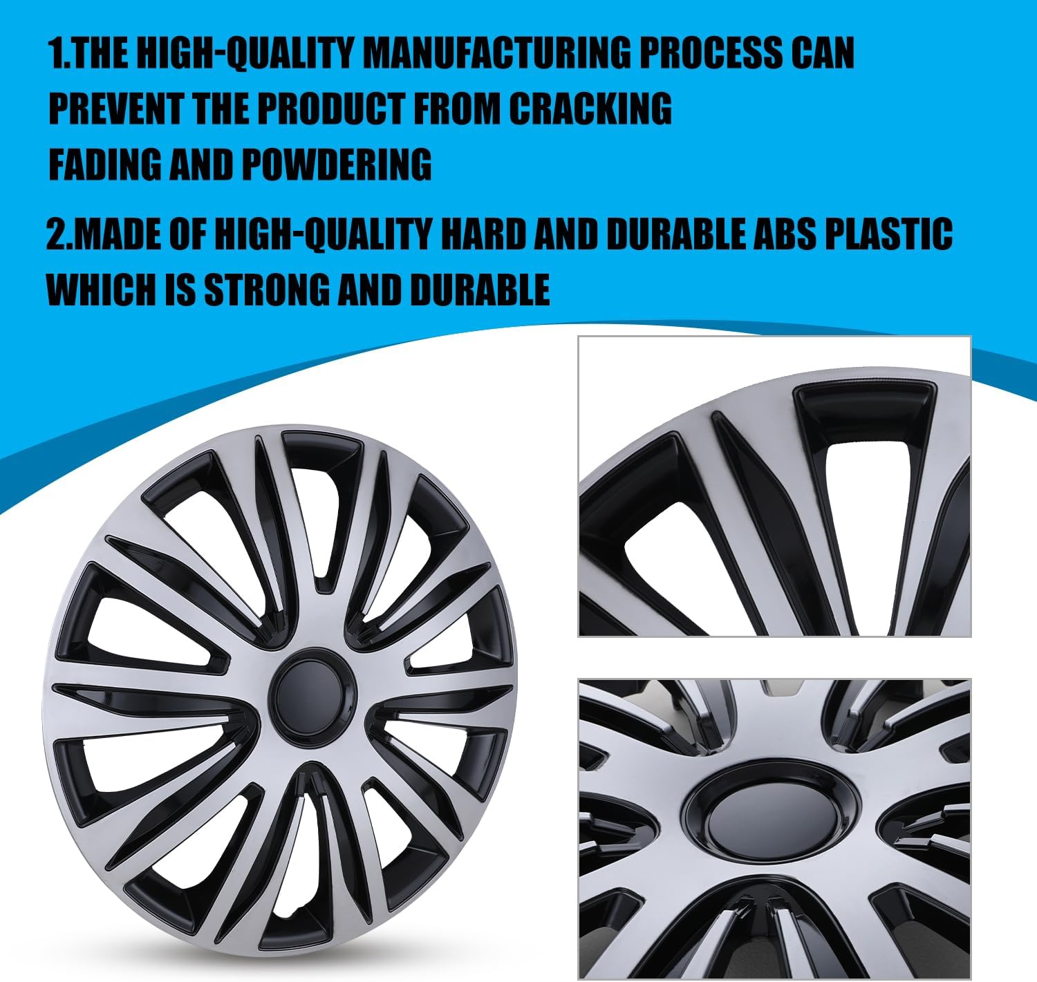 CPW 15" Universal Wheel Rim Cover Hubcaps Snap On Car Truck SUV ABS Material for Car Accessories Wheel Covers Snap Replacement, Set of 4 (15 Inch, Silver Lacquer & Black Lacquer)