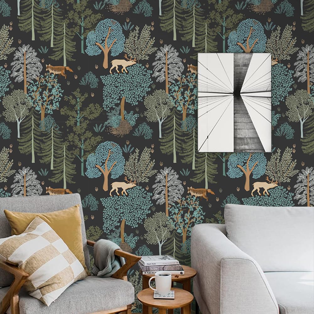 Papel tapiz autoadhesivo de bosque y animales acuarela para pared de salón y sofá