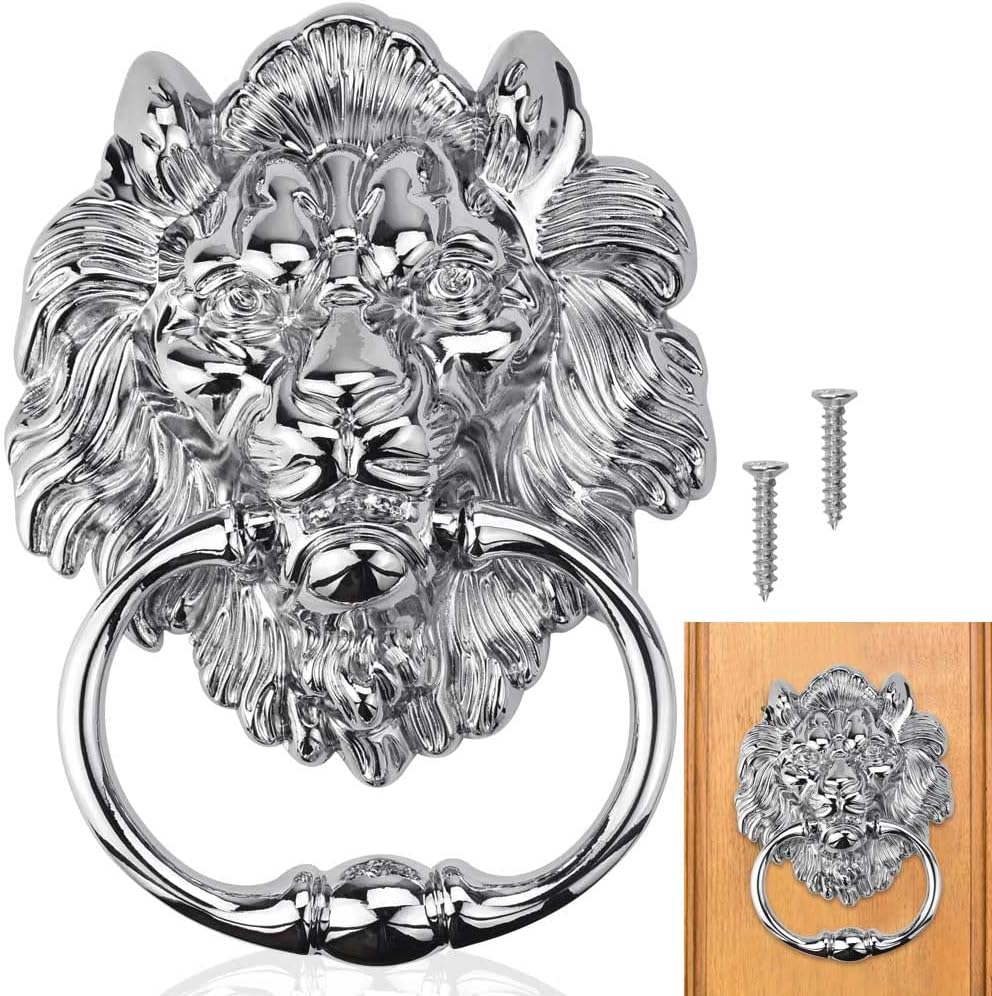 Door Knocker,Lion Head Knocker,Front Door Knocker with 2 Screws,Large Silver Lion,Zinc Alloy Pull Lion Head Rings Lion Furniture Knocker Handle for Cabinet Drawer Door Barstools