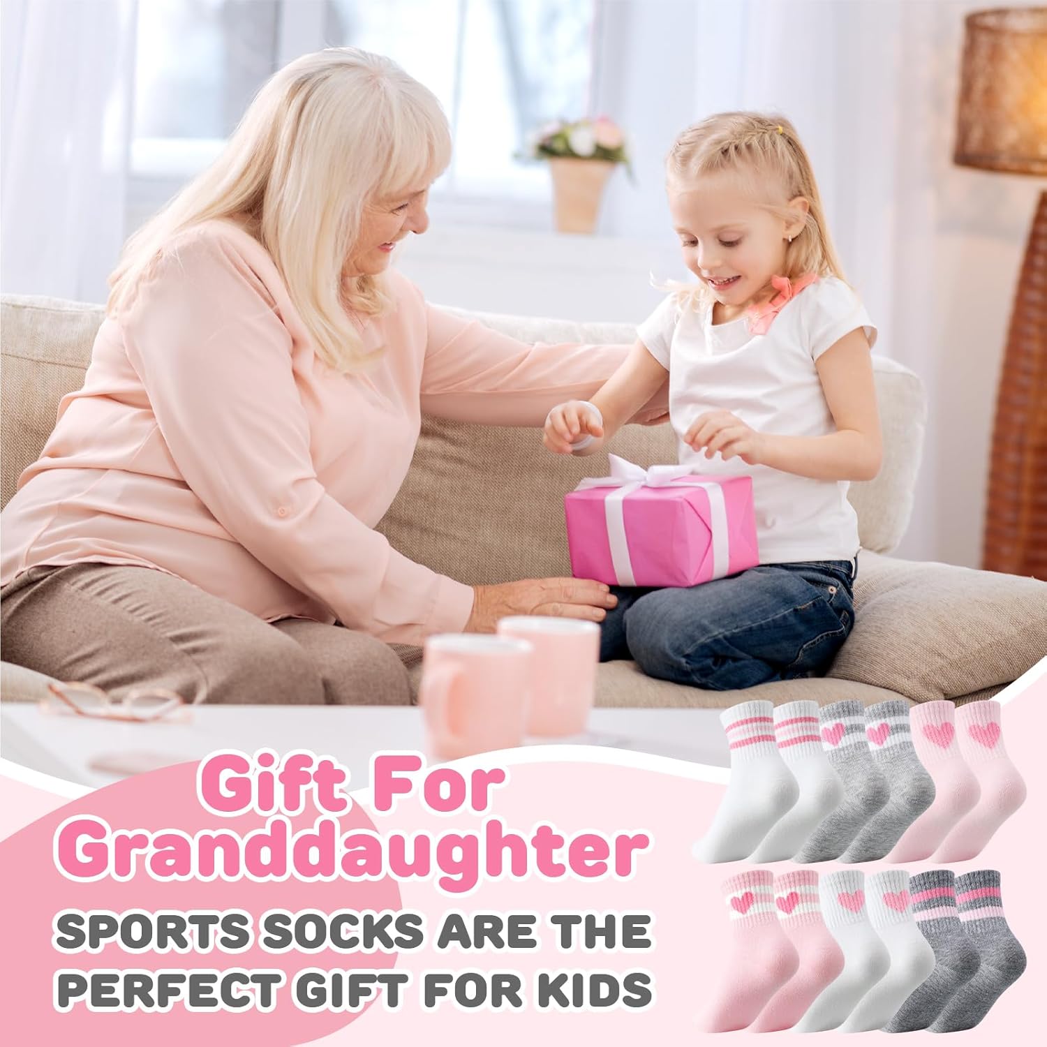 Shihanee 6 Pairs Socks for Girls Kids Pink Crew Athletic Socks with Stripes Heart 4-12 Years Old Cotton Girls Crew Sock - Image 7