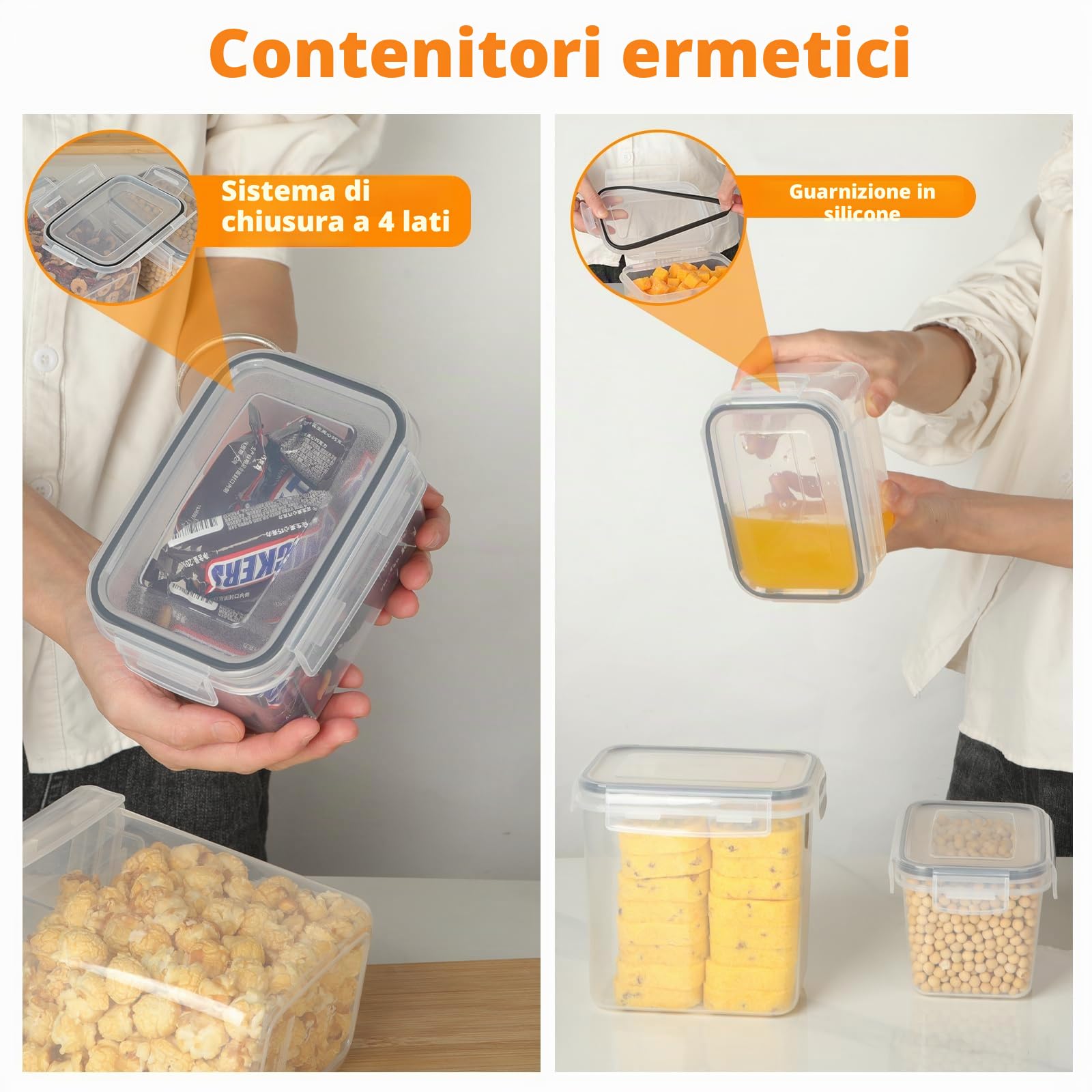 Withosent Set di 24 scatole di conservazione con coperchio - Scatola ermetica in plastica - Scatola per cereali (2 l, 1,4 l, 0,8 l)