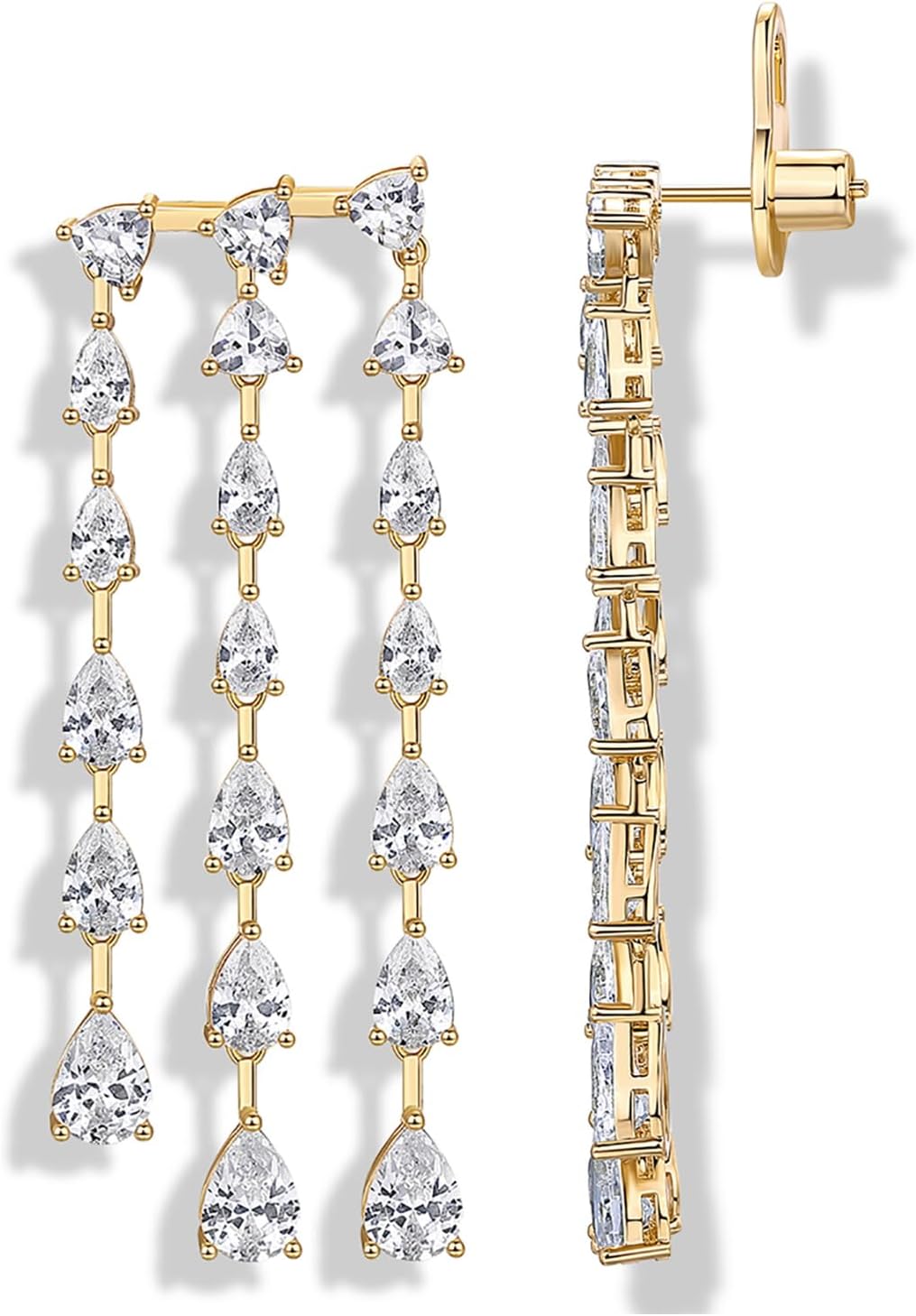 PAVOI 14K Gold Plated Long Tassel Dangle Earrings for Women - 925 Sterling Silver Posts Elegant Rhinestone Chain Chandelier Drop Earrings - Statement Jewelry