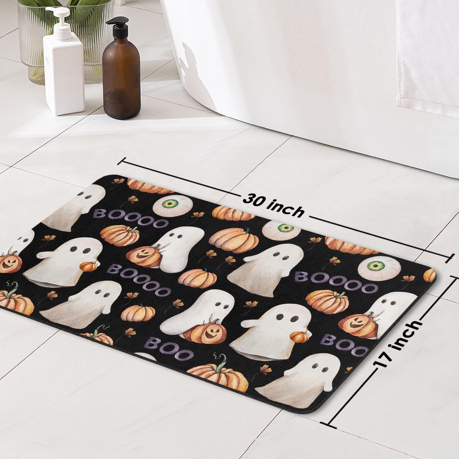 Tapete de baño con diseño de fantasma de Halloween, diseño de calabaza vintage, de secado rápido y súper absorbente, tapete de goma antideslizante con parte trasera de goma de 17 x 30 pulgadas 2