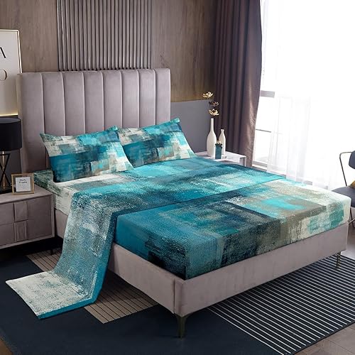Erosebridal Juego de sábanas color turquesa y gris, tamaño Queen, color verde azulado grunge para adultos, juego de ropa de cama vintage con