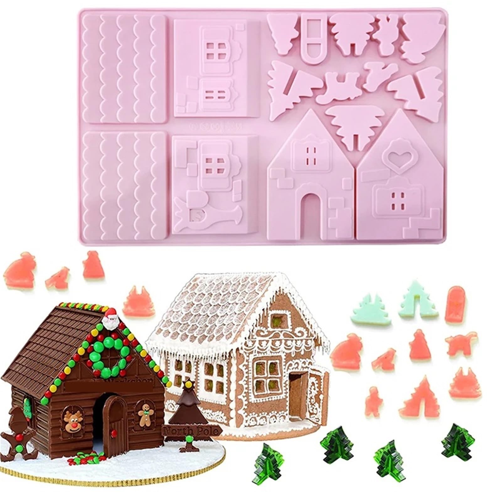 Molde de silicona 3D for chocolate con forma casa jengibre navideña, ideal for decorar pasteles y galletas. También sirve como plantilla for hornear otros dulces Para Repostería Y Postres