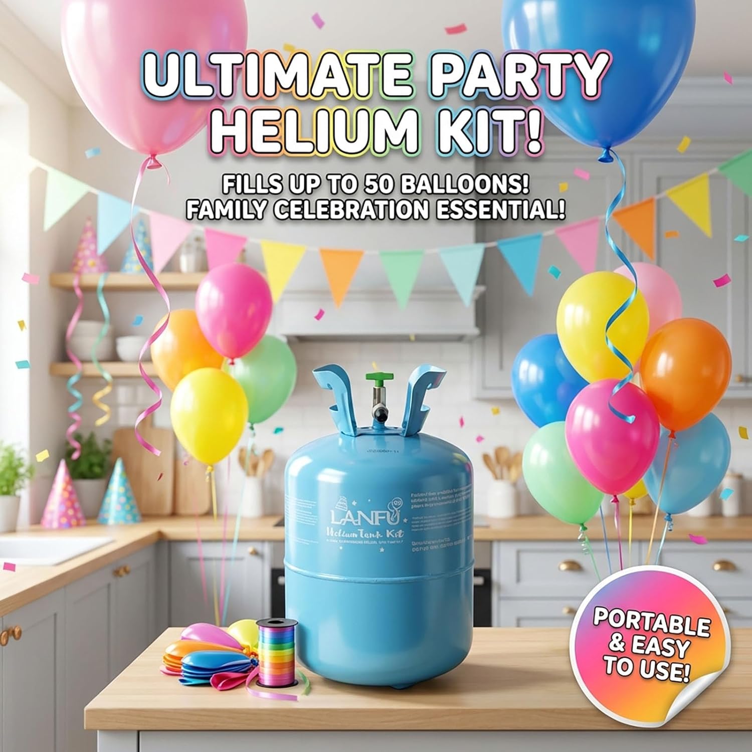 Helium Tank for Balloons at Home - 13L Large Disposable Balloon Inflator Kit, Fills Up to 50 Balloons, Pure Gas Cylinder for Family Celebration & Events (Portable Design)