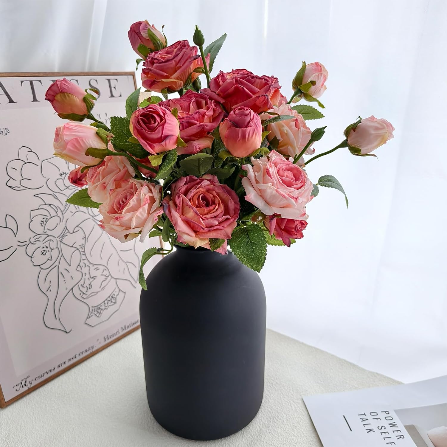 Artificial Flowers with Vase, 15 Heads Silk Roses, Flowers for Centerpieces, Matte Black Metal Vase, Modern Farmhouse Decor, Tabletop Decorations for Party, House Stuff for New Home, 8.6"