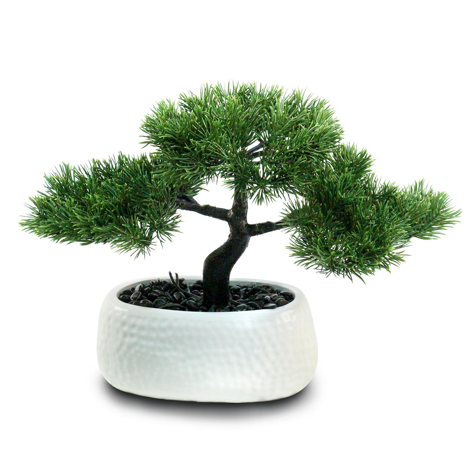 GOVIRAYE 9.5 Inch Artificial Bonsai Tree in Ceramic White Pot with Stone, UV Resistant Lifelike Pine Plants for Home Office Desk Decor, Realistic Mini Potted Fake Plant Gift