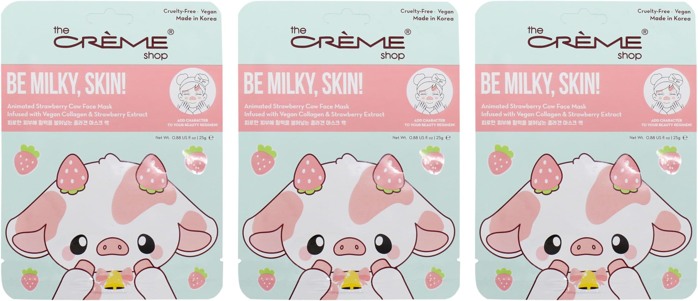 Be Milky, Skin! Animated Strawberry Cow Face Mask, Vegan Collagen Facial Mask, K Beauty Sheet Mask - 3 Pack