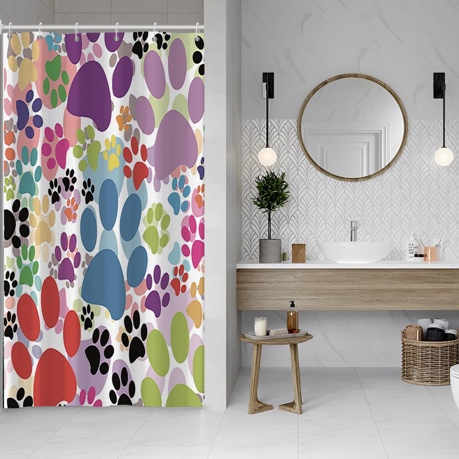 SDOTPMT 36x72 Inch Multicolor Cat Pawprint Shower Curtain Pet Lovers Cute Animal Dog Paw Watercolor Modern Chic Abstract for Child Gift Bath Curtain Fabric Polyester Bathroom Curtain With Hooks