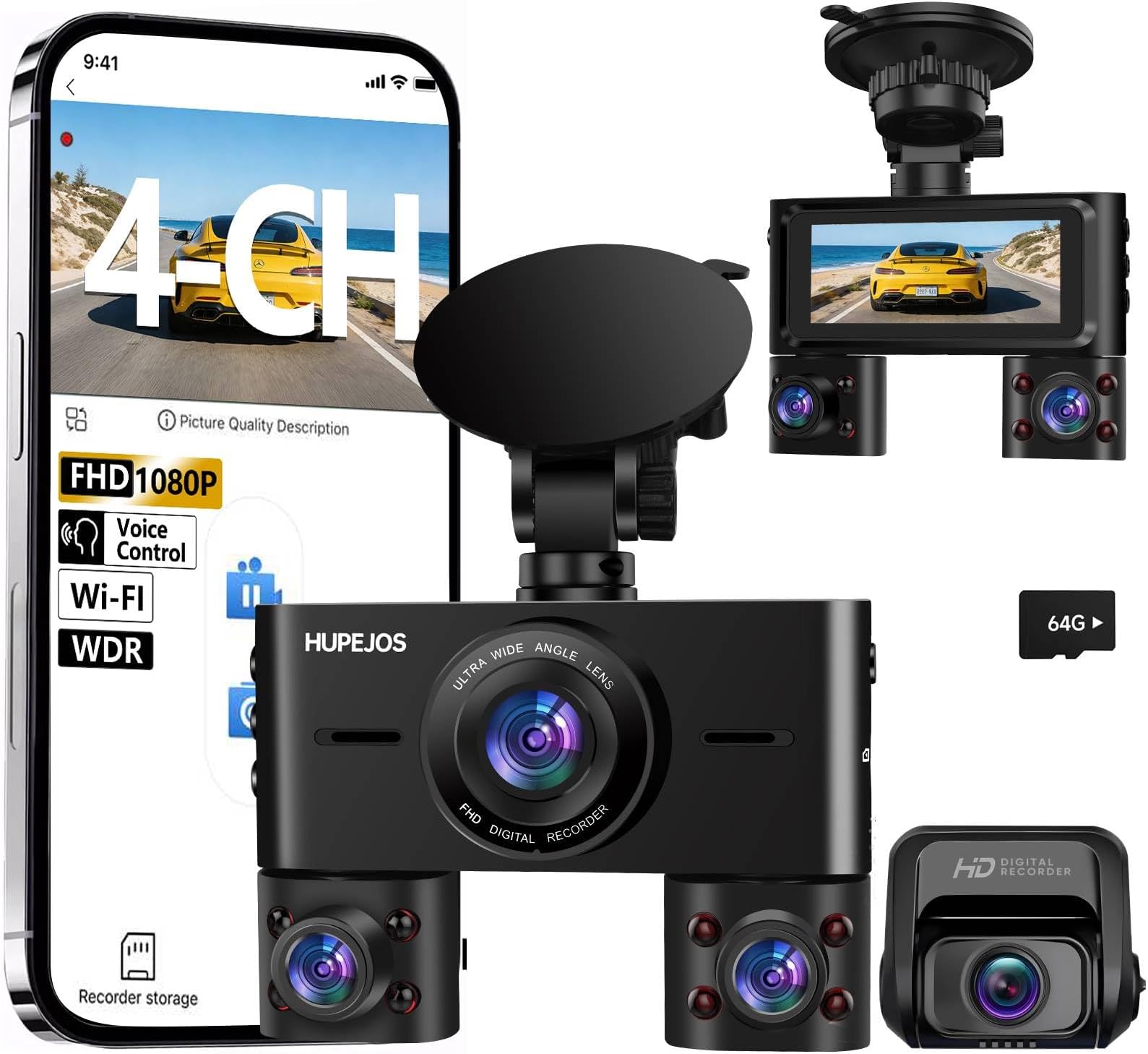 HUPEJOS 2K 4 Channel Dash Cam Front and Rear Inside, 360° View Car Camera, Dash Camera for Cars Built-in Wi-Fi, Dashcam with 64GB Card, Voice Control, WDR Night Vision, 24H Parking Mode, Mini Size, V7