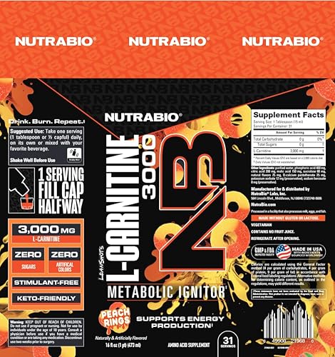 Miniatura 4 de NutraBio Disparos líquidos de L-carnitina - 3000 mg, (anillos de melocotón) - 10 mg de vitamina B-5 - Cero carbohidratos y azúcares - Producción de