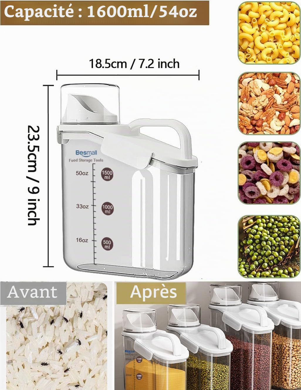 Bocaux Rangement Cuisine, Boite Cereales Hermétiques en Plastique avec Couvercle, Boite Hermetique Alimentaire pour le Stockage des Céréales Grains Aliments Secs Farine Sucre Riz, Sans BPA, 1.5L