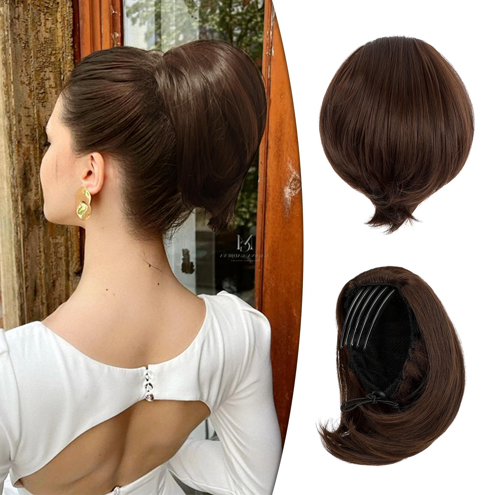 Wodelanle Hair Bun Hair Piece Short Ponytail Extension Drawstring Straight Hair Buns with Comb Bun Updo Fake Hair Piece for Women Fake Pony（Medium