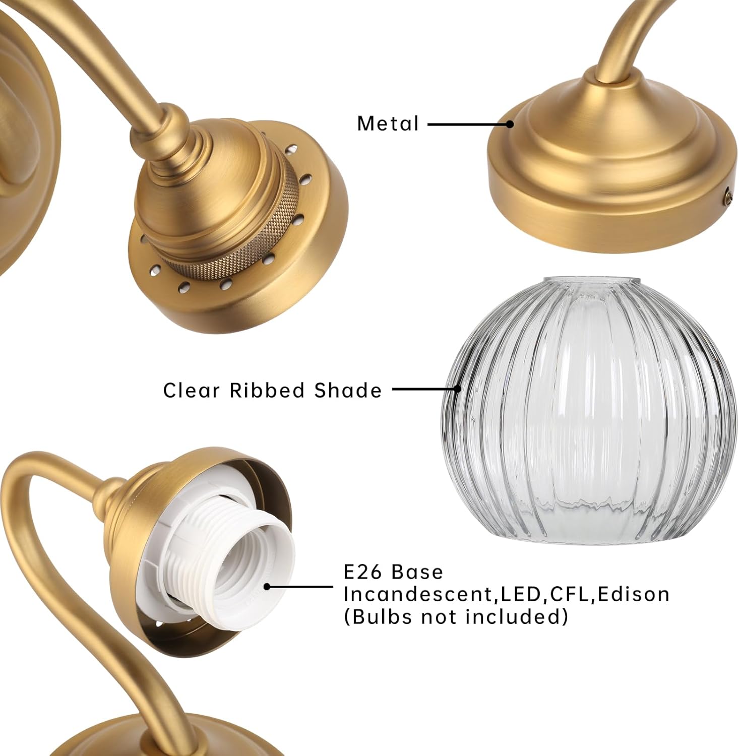 Vintage Single Hardwired Wall Sconce with 5.9” Round Clear Ribbed Glass Globe Shade Indoor Bathroom Vanity Wall Mounted Lamp Fixture for Bedroom Hallway