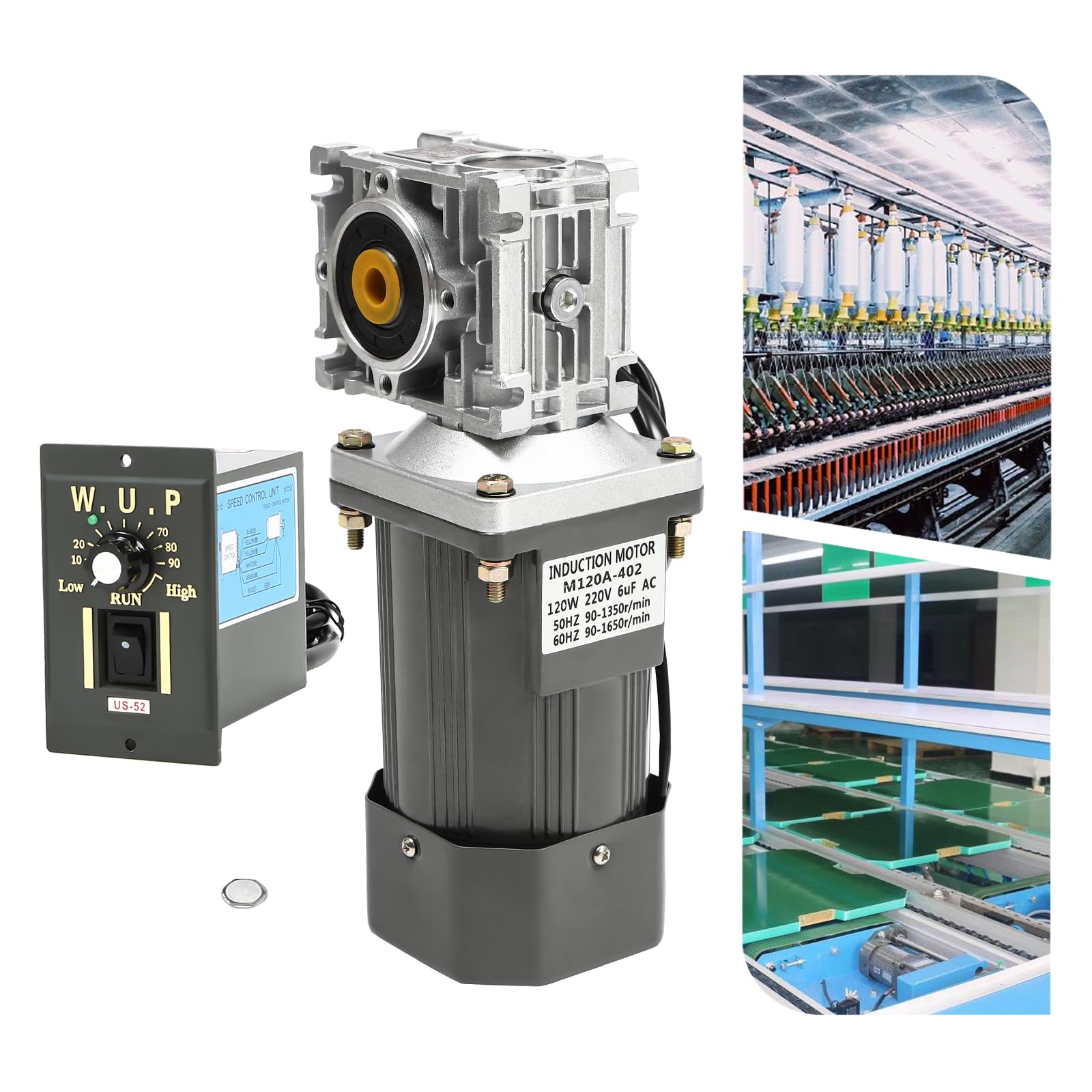 Motor de engranaje de tornillo sin fin de 120 W con regulador de velocidad, CA 220 V, 1650 rpm, relación de reducción 30:1, diámetro del eje de 14 mm, reversible, aluminio aleado, verde/blanco/naranja