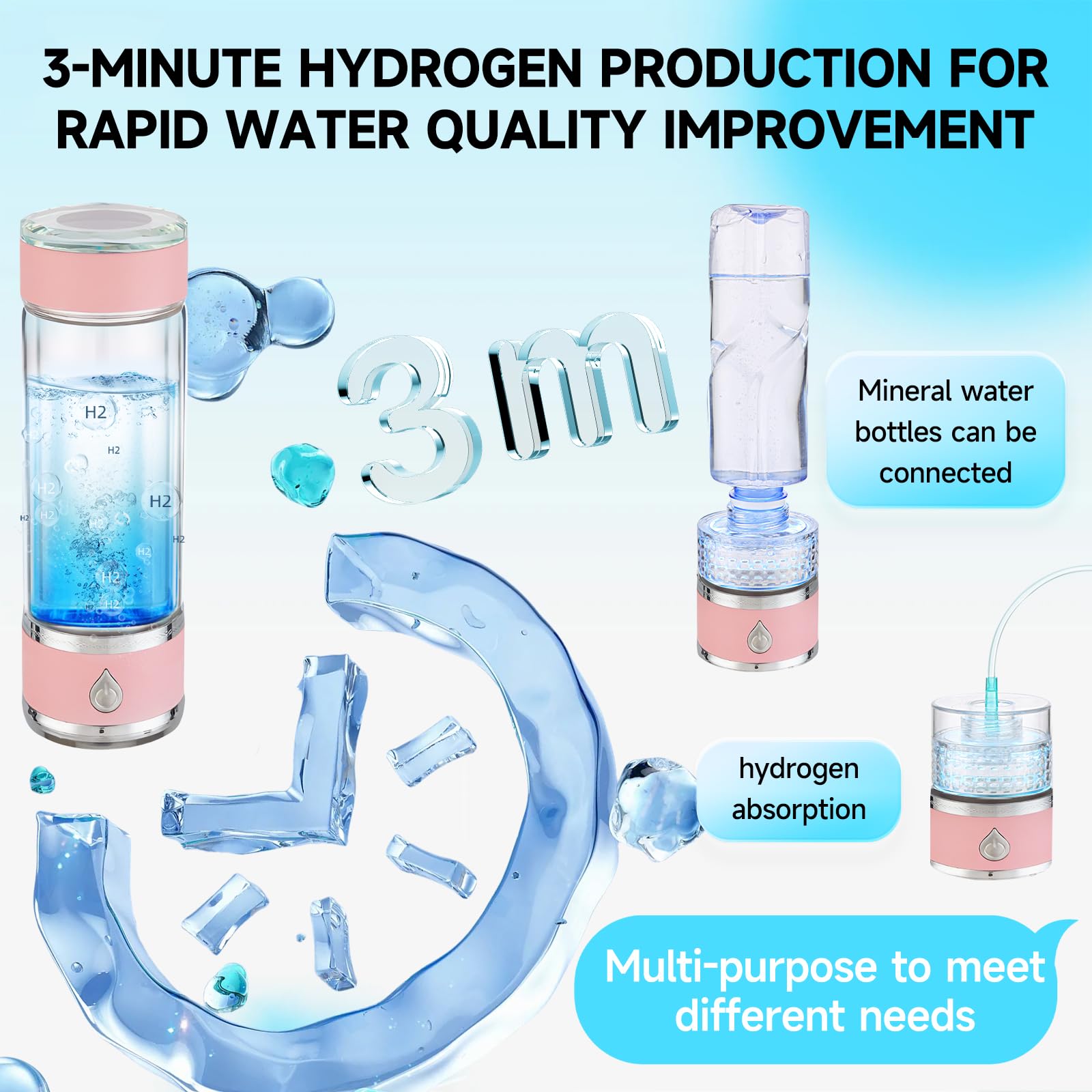 Hydrohealth - Generador de botellas de agua de hidrógeno, portátil y recargable, botella de agua de hidrógeno Hydro Health con tecnología SPE Pem, ionizador de agua, 3 minutos 4100 PPB de