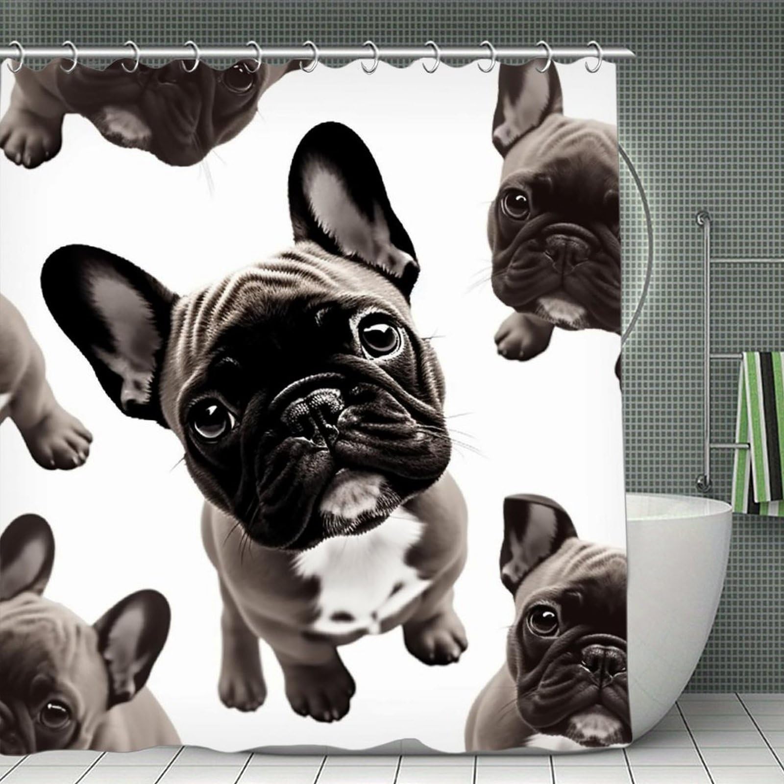 QMNLKH French Bulldog Shower Curtain with Hooks, Waterproof Bath Curtains for Bathroom, Lightweight Bath Curtains Liner for Hotel, Personalized Bath Curtain for Spa, 70.8 Inch