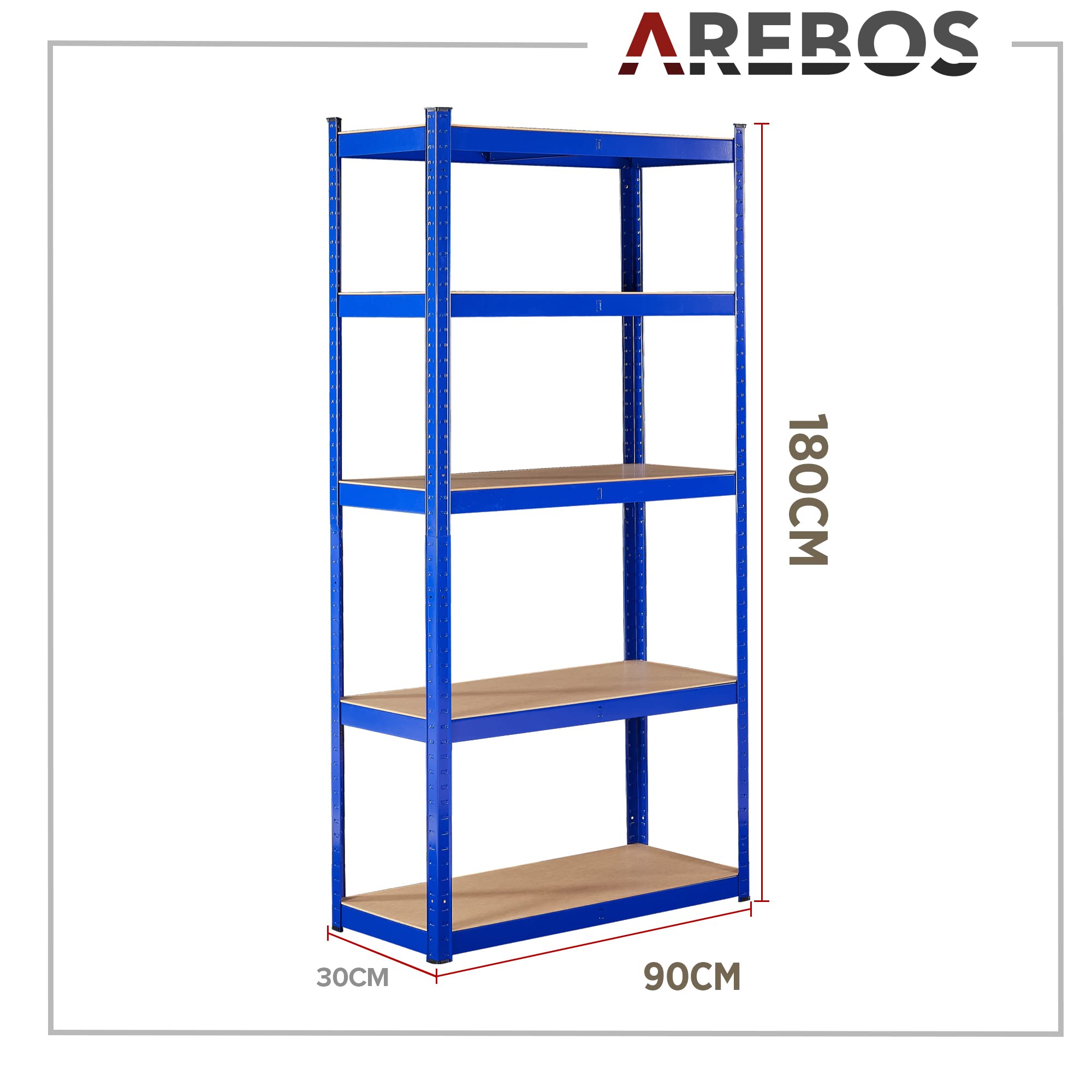 Arebos Regał do dużych obciążeń, zestaw 2 | 180x90x30cm | 0,63 mm | 5 półek | Regał warsztatowy Regał wtykowy Regał magazynowy Regał piwniczny | Niebieski