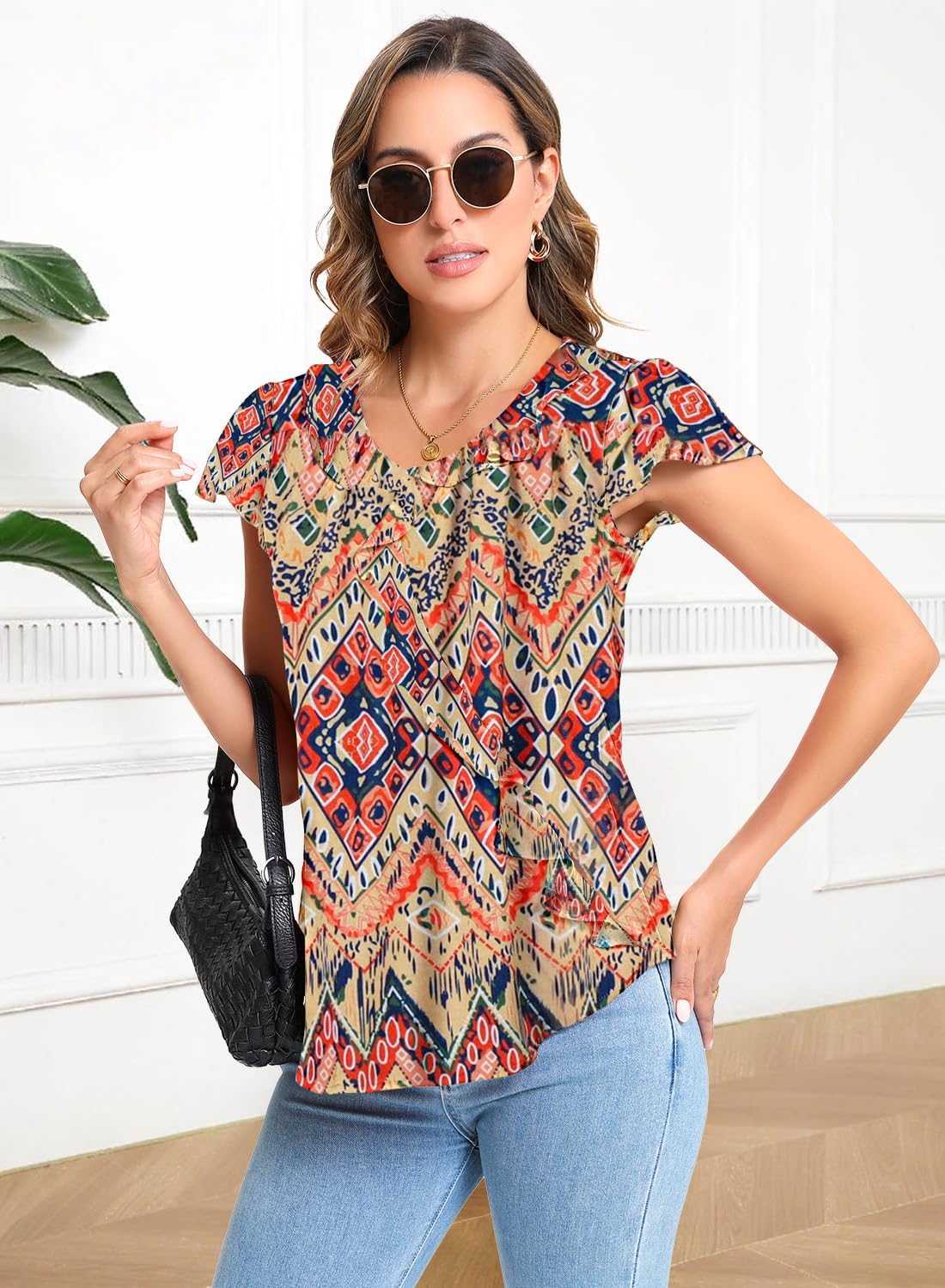 Womens Summer Tops Blouses Ruffle Crew Neck Short Sleeve Chiffon Dressy Casual Work 2025 Trendy Shirts - Image 4