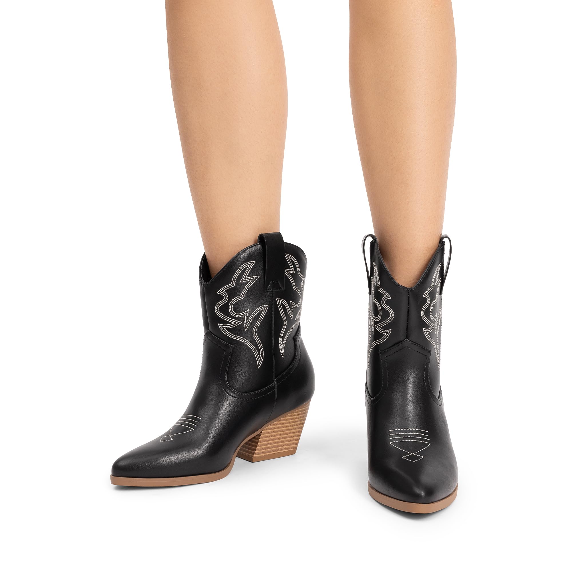 DREAM PAIRS Botas de Vaquera para Mujer, Bordadas y Cosidas, Botas Cortas Occidentales con Tacón Bajo y Punta Afilada, Botines Hasta ei Tobillo