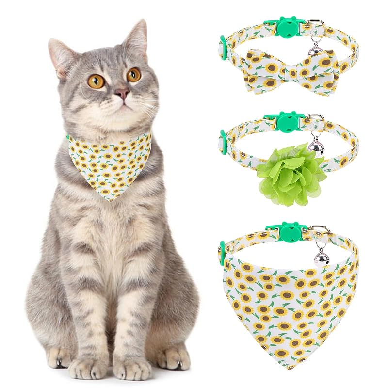 Coleira ajustável para gatos com sino e pingentes removíveis VKPETFR Style C - Sunflower, pacote com 3