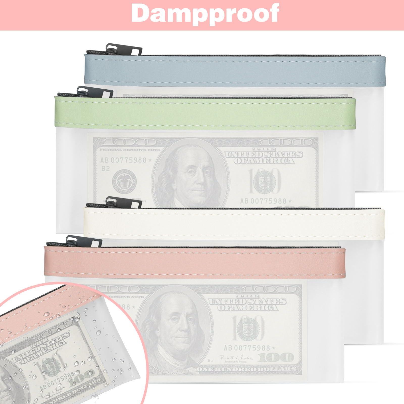 Organizador de dinero transparente con cremallera, 4 bolsas de efectivo
