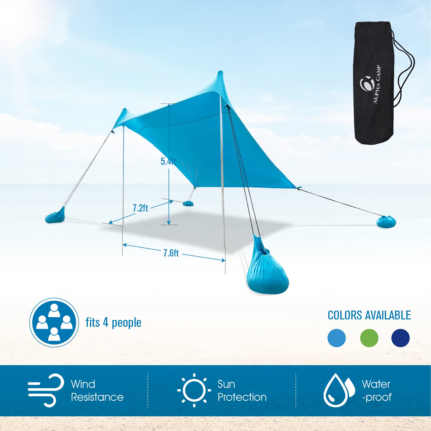LET'S CAMP Beach Canopy Tent, Sun Shelter UPF50+Beach Shade Tent with Sandbag Anchors for Camping, Fishing, Backyard Fun or Picnics, 7.2x6.5FT, Blue