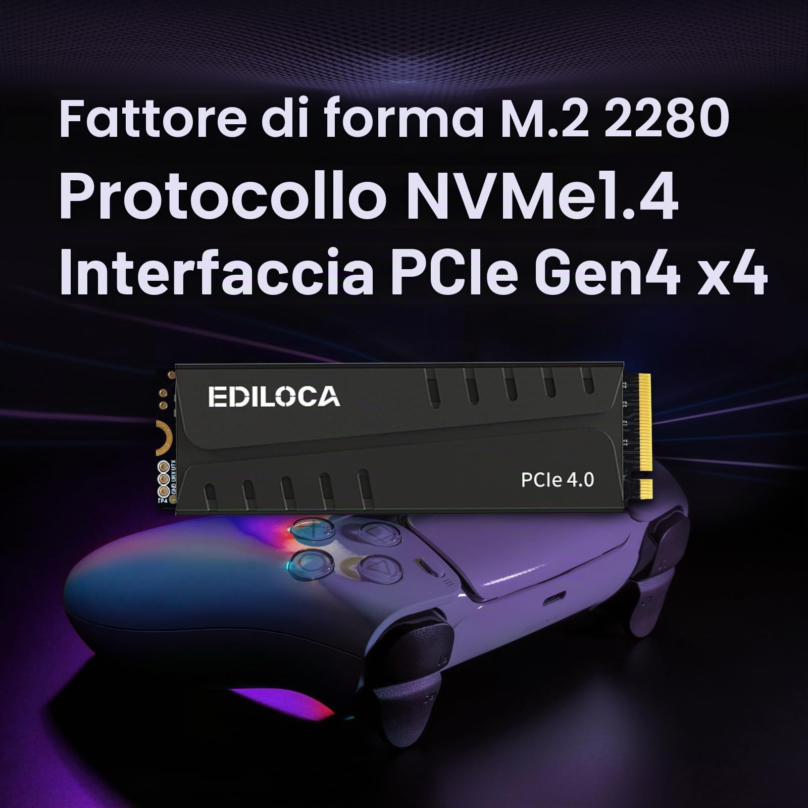 Ediloca EN855 SSD da gioco interno con dissipatore di calore 1 TB PCIe Gen4, NVMe M.2 2280, fino a 7400 MB/s, unità a stato solido, configura cache DRAM, compatibile con PS5 e PC