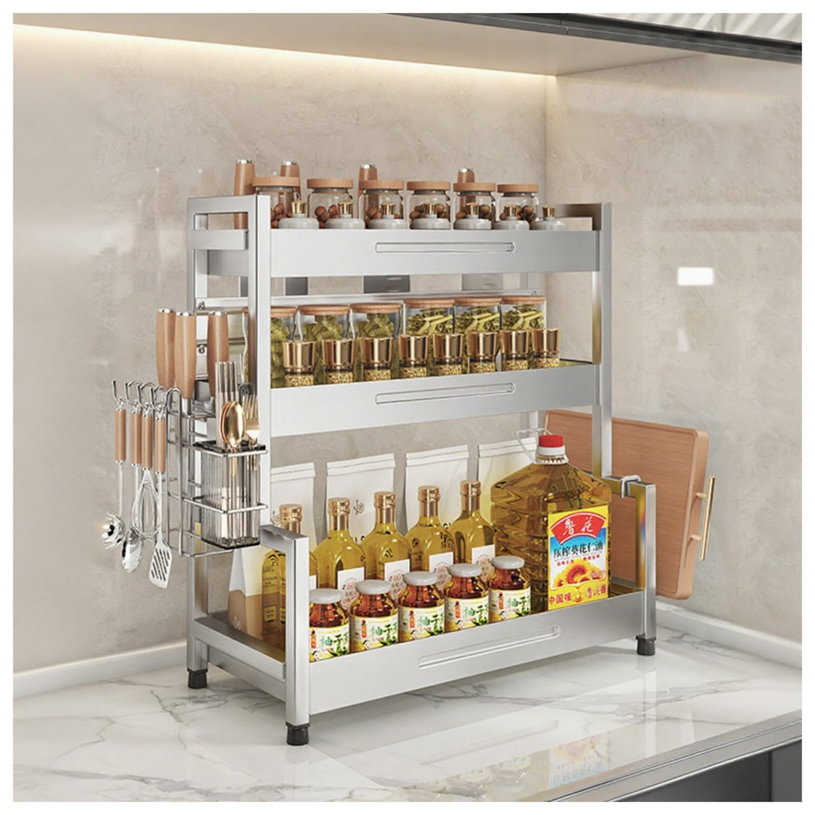 HADECOLL Stainless Steel Spice Rack With Hooks And Utensil Holders, 2-Tier Shelf Organizer For Sugar, Salt, Pepper And Oil Bottles,3 Tier-50cm/19.7in