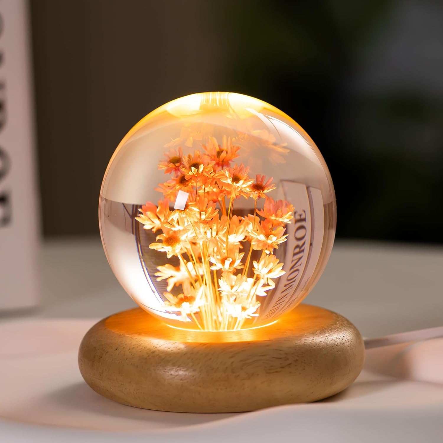 Real Flower Crystal Ball Night Light, Preserved Botanical Resin Sphere with Warm LED Wooden Base, Artistic Floral Lamp, Aesthetic Decor, Eternal Flower Gift for Women, Mom, Her (Red Daisy)