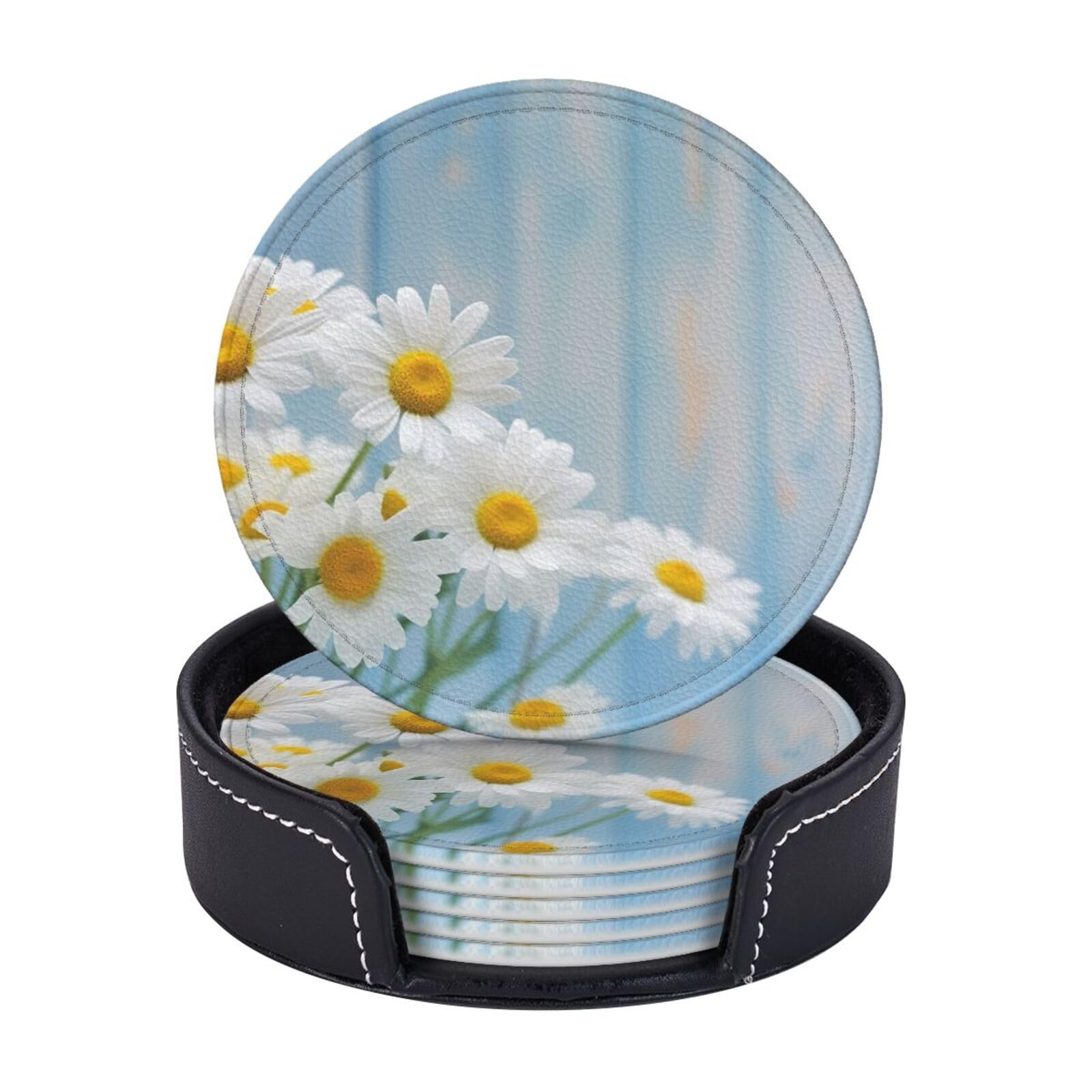 6Pcs PU Leather Coaster for Drinks, Elegant Spring Daisy Flowers Cup Coasters with Holder, Aesthetic Drink Coasters for Coffee Table, Round Coaster for Tabletop Protection 4" Cup Mat Pad