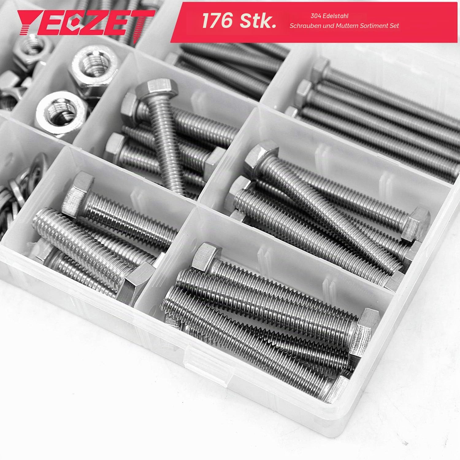 176 pcs M6 M8 M10 Schrauben und Muttern Sortiment aus 304 Edelstahl Sechskantschrauben Unterlegscheiben Federringe & Muttern Sortiment Kit