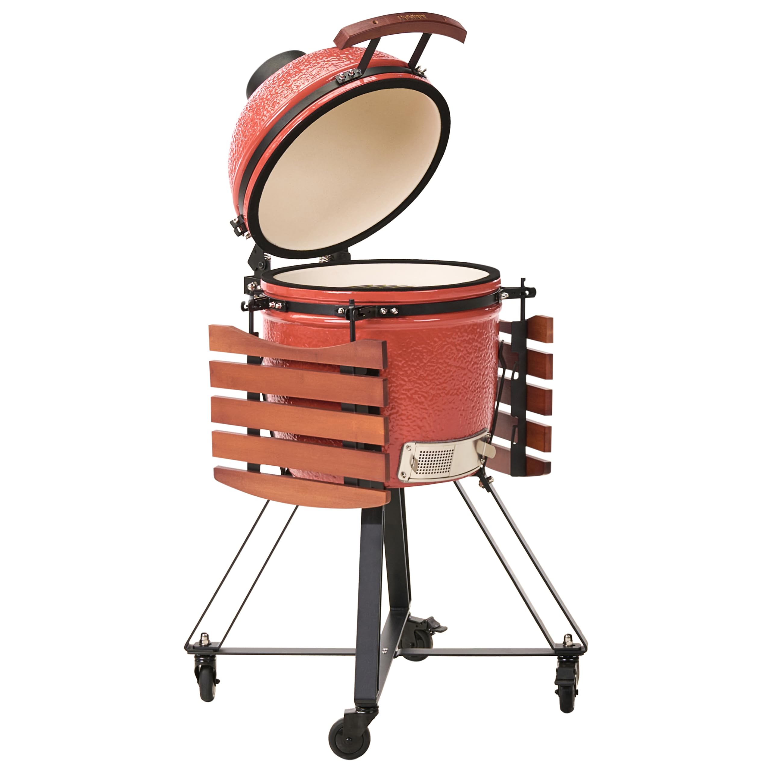 Ogrodowy grill węglowy ceramiczny na kółkach z pokrywą termometerem rusztem czerwonyKamado