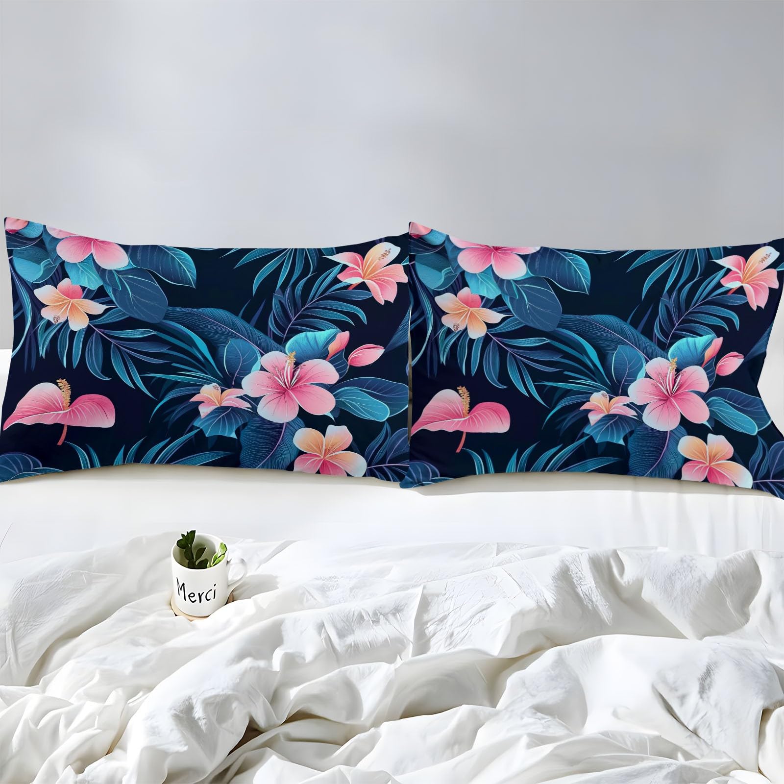 Drap Housse 180 x 200 cm avec Bonnet 30 cm, Feuilles Fleurs Plantes Tropicales Luxueuses Drap Housse Enfant, Drap Housse Matelas Epais Bleu Foncé, Microfibre Brossée avec Une Rebord Élastique