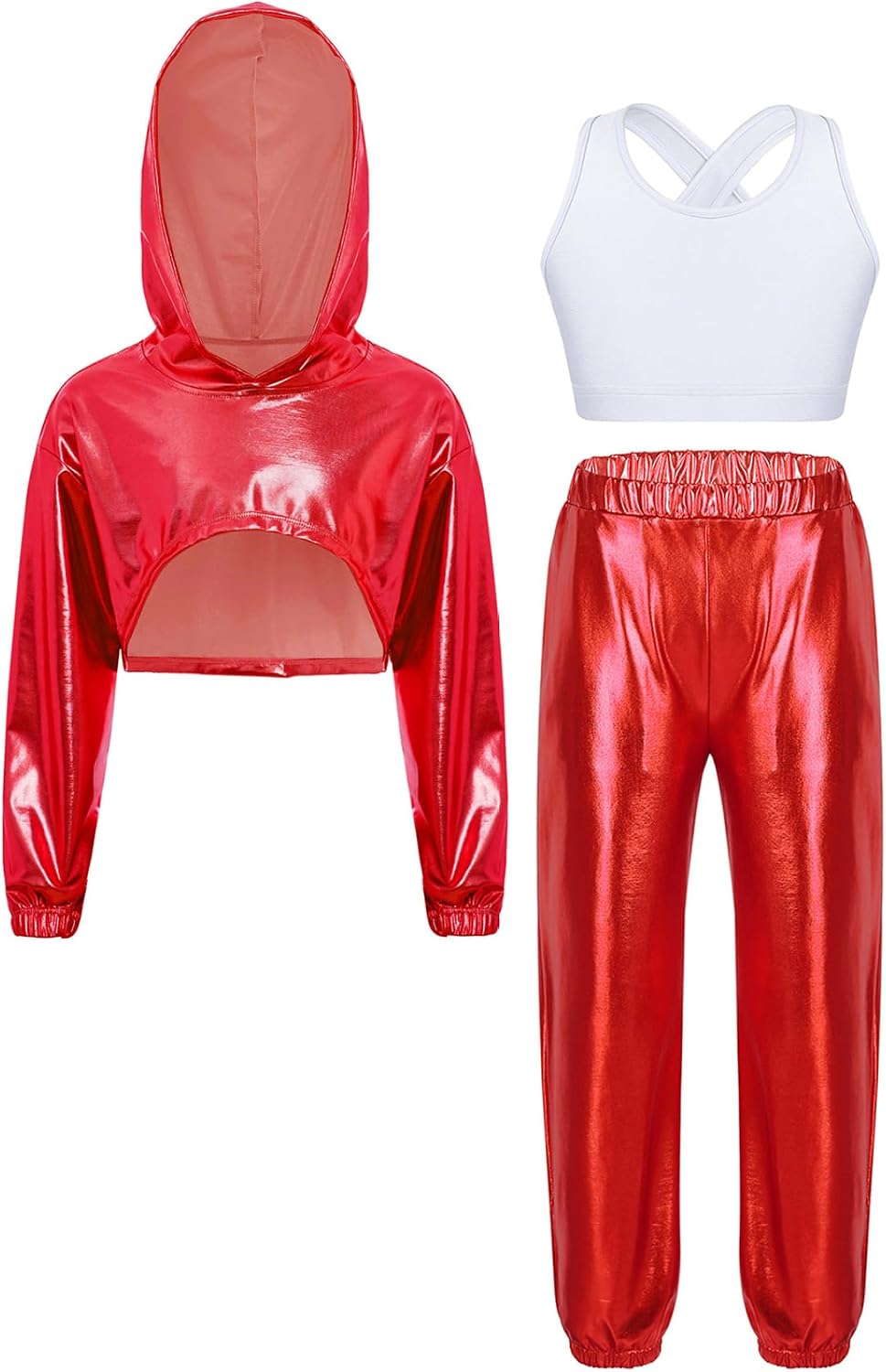 JEYPINMI Big Girls 3 Piece Hip Hop Jazz Dance Outfits Streetwear Cropped Hoodie Tank Top Jogger Pants Set