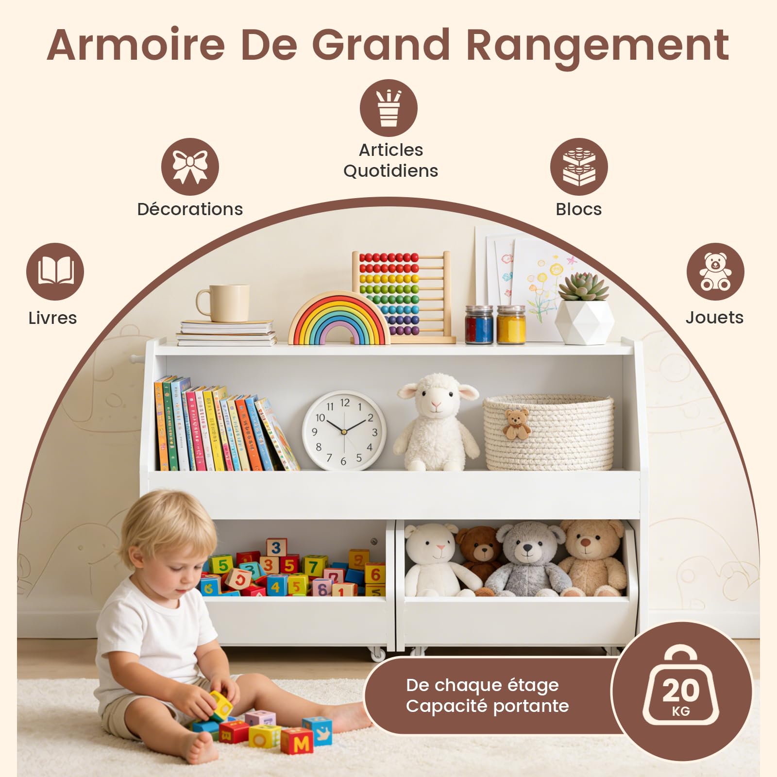 Meuble Rangement Enfant, Rangement Jouet Enfant Étagère avec 2 Tiroirs Roulants, Bois Meuble Rangement Jouet avec Crochet, pour Chambre Enfant/Salle de Jeu -Blanc 91x30 x60 cm