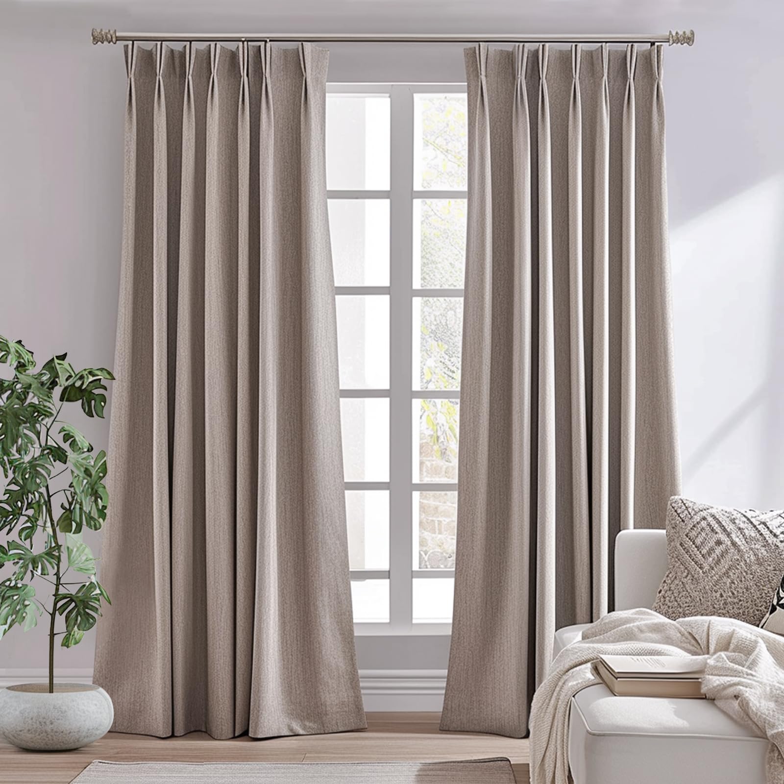 jinchan Pinch Pleated Curtain 96 Inch Length Light Filtering Taupe Curtain for Bedroom Living Room Curtain 1 Panel Texture Curtain Grommet Top Window Drape Taupe