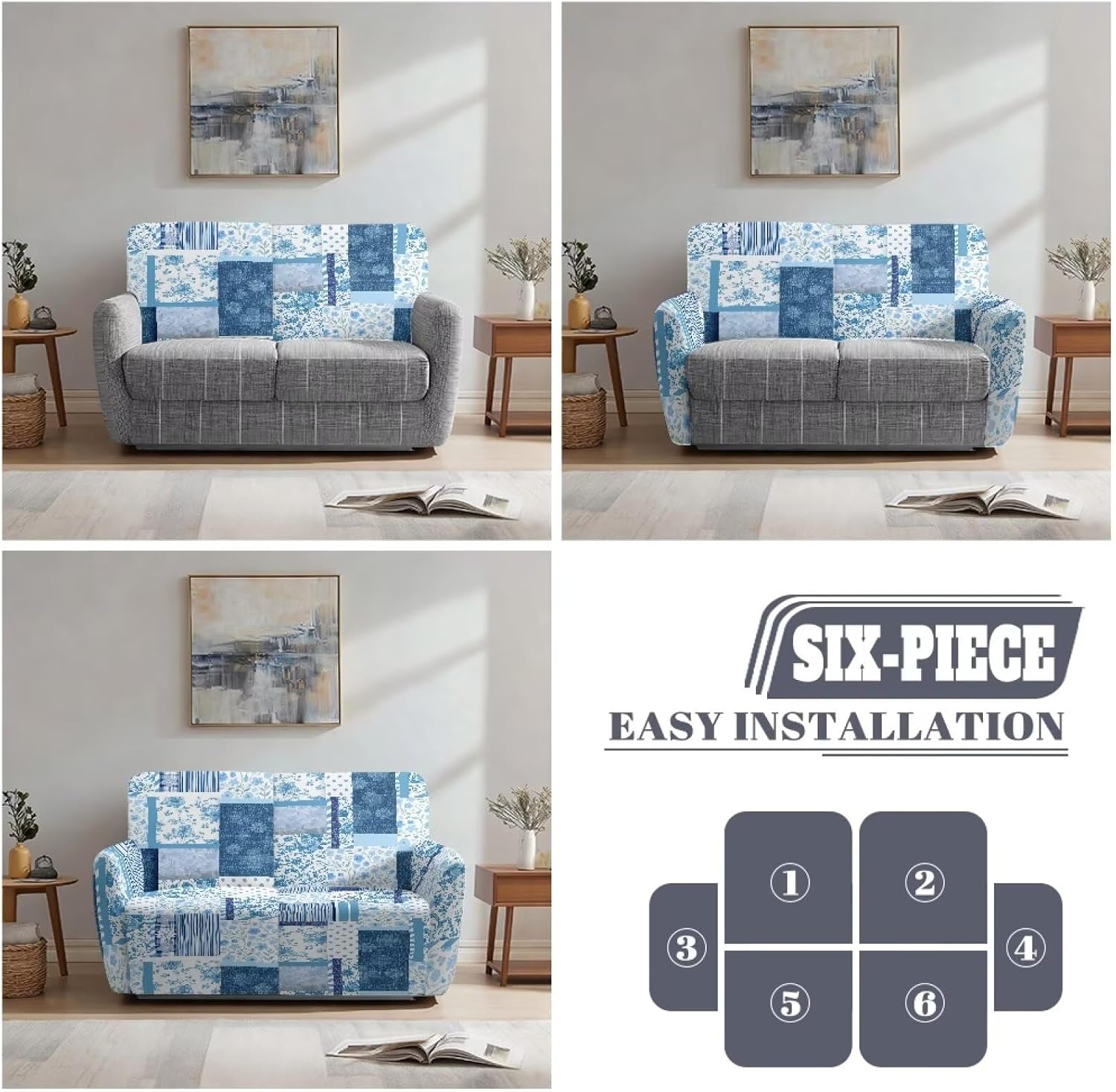 Stretch Recliner Loveseat Cover, 6 Pieces Elastic Sofa Slipcover, 2 Seater Reclining Couch Cover Washable Furniture Protector Easy to Install Blue